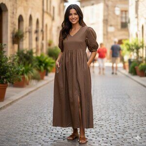 Adobe Lane NWT Boho Brown puff sleeve v-neck Aline Midi Cottagecore Boho dress S